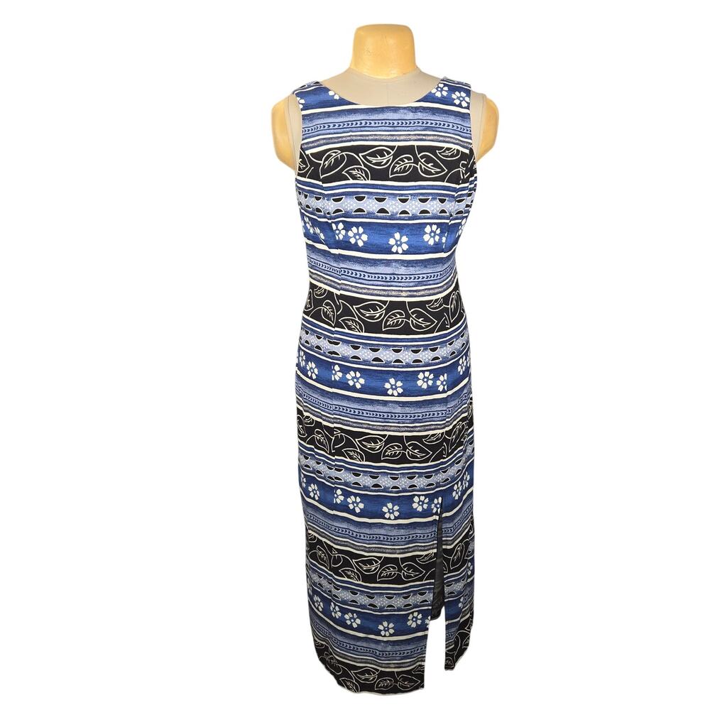 Vintage Dawn Joy‎ Maxi Dress Open Back Tie Blue Black Floral 90s Abstract Chic